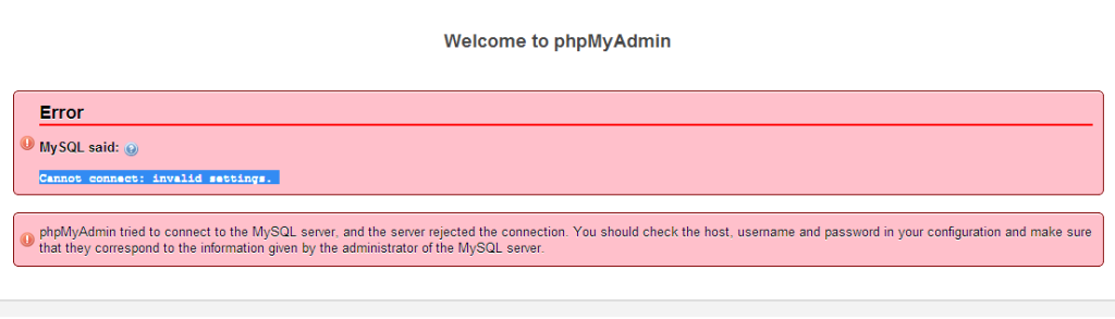 phpmyadmin error mysql cannot connect : invalid setting